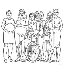 A detailed line drawing for a coloring book featuring a group of women and girls of various ages, body types, and skin colors, all dressed in modern plain clothing and standing next to each other with serious expressions