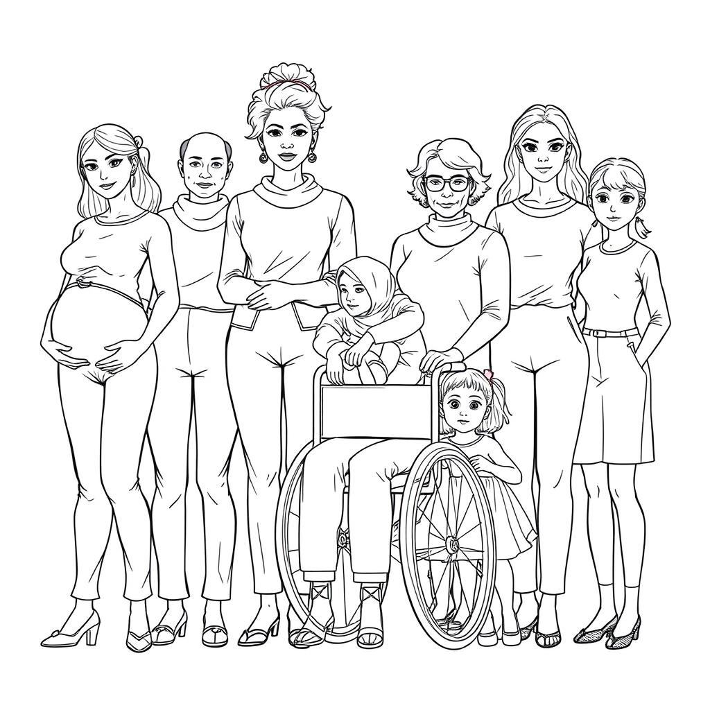 A detailed line drawing for a coloring book featuring a group of women and girls of various ages, body types, and skin colors, all dressed in modern plain clothing and standing next to each other with serious expressions