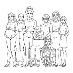 A detailed line drawing for a coloring book featuring a group of women and girls of various ages, body types, and skin colors, all dressed in modern plain clothing and standing next to each other with serious expressions