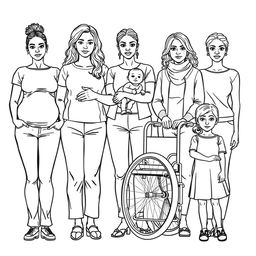 A detailed line drawing for a coloring book featuring a group of women and girls of various ages, body types, and skin colors, all dressed in modern plain clothing and standing next to each other with serious expressions