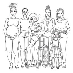 A detailed line drawing for a coloring book featuring a group of women and girls of various ages, body types, and skin colors, all dressed in modern plain clothing and standing next to each other with serious expressions