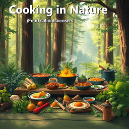 An expansive A4-format illustration of a vibrant green forest scene featuring an outdoor cooking setup