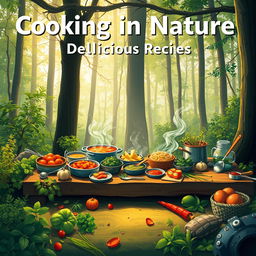 An expansive A4-format illustration of a vibrant green forest scene featuring an outdoor cooking setup