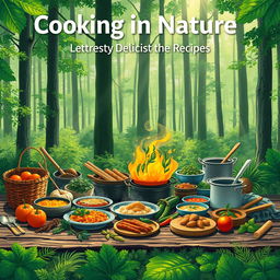 An expansive A4-format illustration of a vibrant green forest scene featuring an outdoor cooking setup