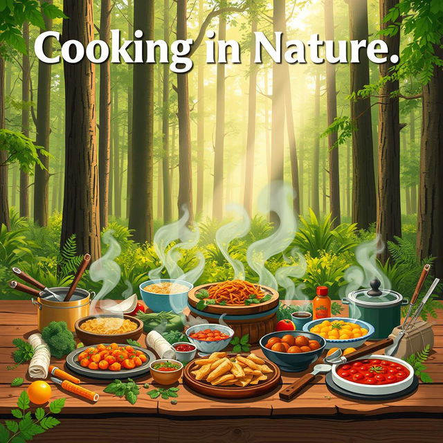 An expansive A4-format illustration of a vibrant green forest scene featuring an outdoor cooking setup