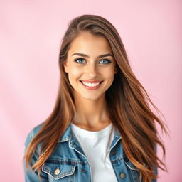 A vibrant and eye-catching profile picture featuring a confident young woman with long, flowing brown hair and bright blue eyes, smiling warmly