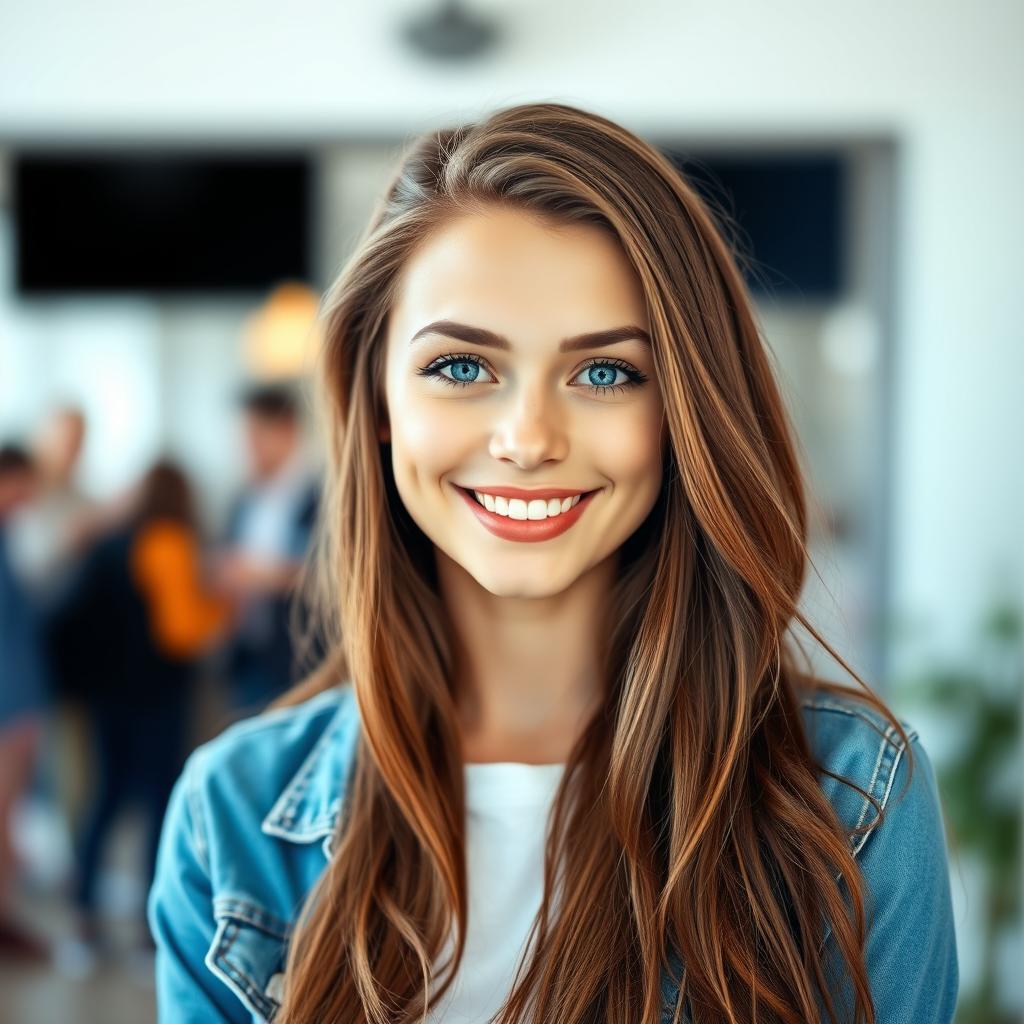 A vibrant and eye-catching profile picture featuring a confident young woman with long, flowing brown hair and bright blue eyes, smiling warmly