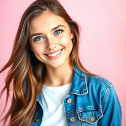 A vibrant and eye-catching profile picture featuring a confident young woman with long, flowing brown hair and bright blue eyes, smiling warmly