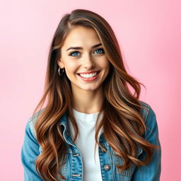 A vibrant and eye-catching profile picture featuring a confident young woman with long, flowing brown hair and bright blue eyes, smiling warmly