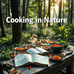 A realistic depiction of a lush green forest scene featuring an outdoor cooking setup