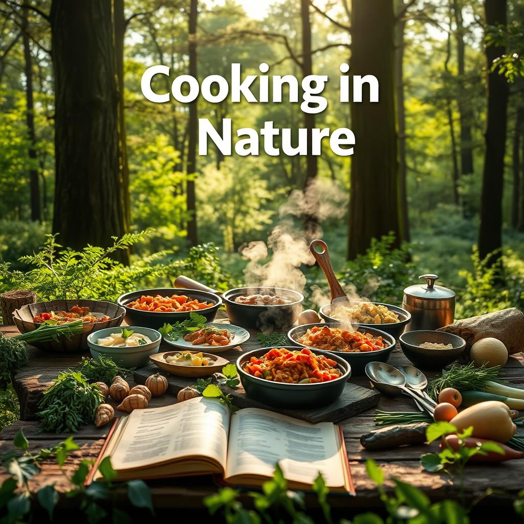 A realistic depiction of a lush green forest scene featuring an outdoor cooking setup