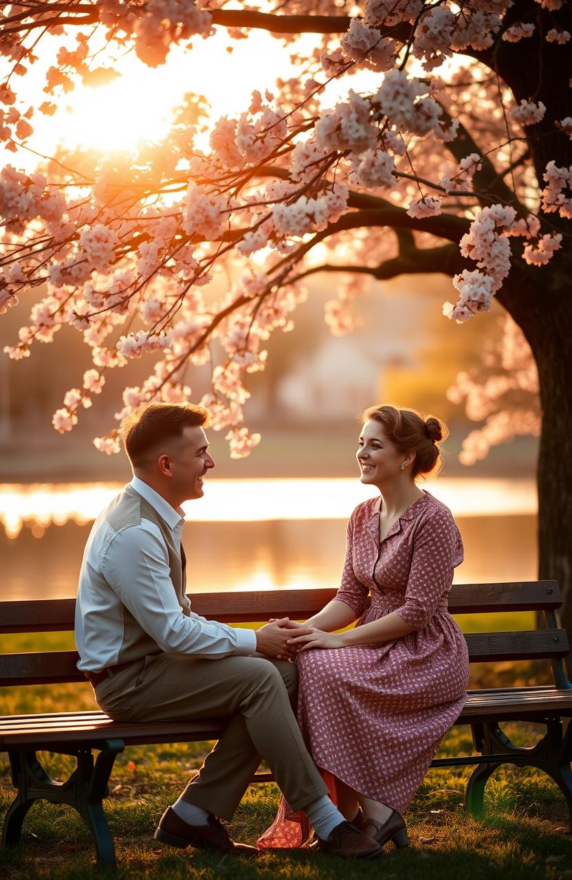 A nostalgic scene depicting a couple sitting on a park bench under a cherry blossom tree, reminiscing about their past love