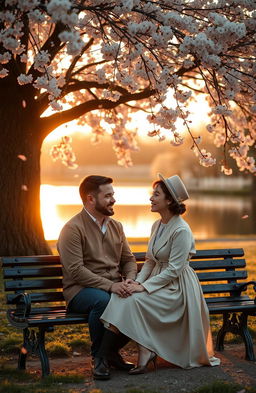 A nostalgic scene depicting a couple sitting on a park bench under a cherry blossom tree, reminiscing about their past love