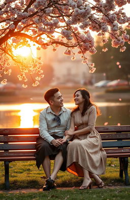 A nostalgic scene depicting a couple sitting on a park bench under a cherry blossom tree, reminiscing about their past love