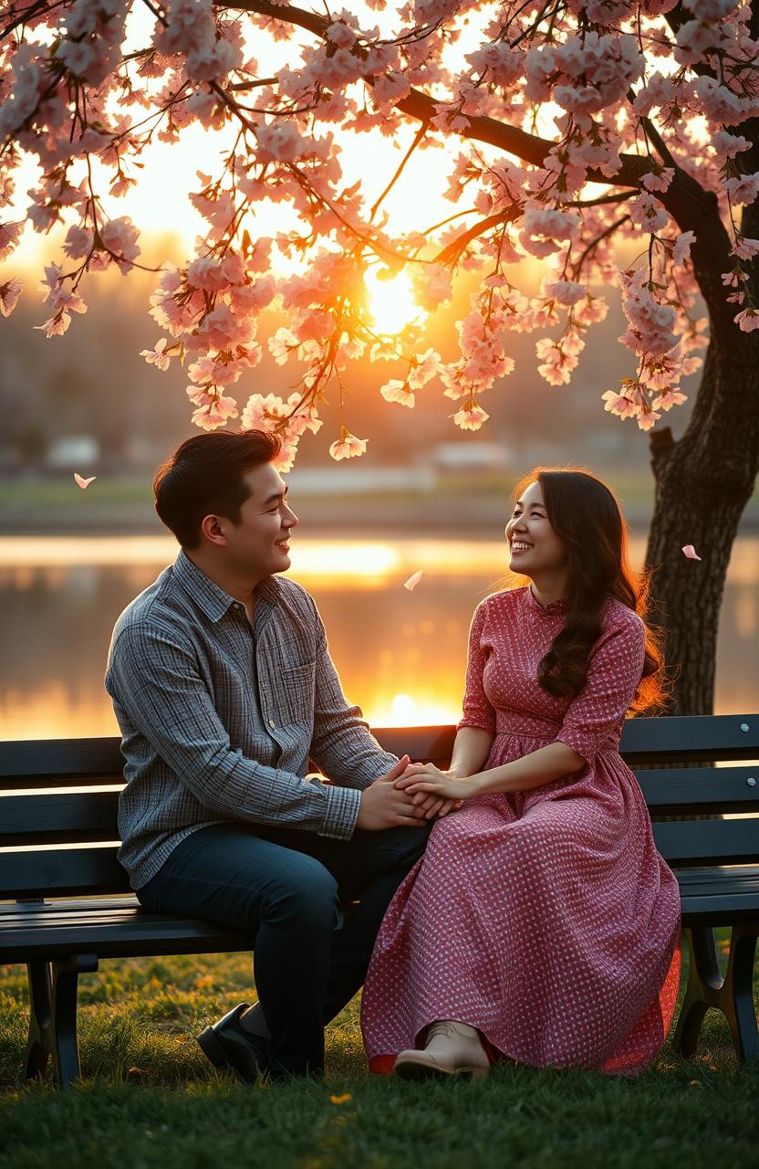 A nostalgic scene depicting a couple sitting on a park bench under a cherry blossom tree, reminiscing about their past love