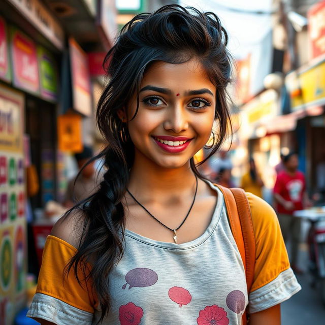 A portrait of an Indian girl with unique and unconventional beauty, showcasing her natural features with confidence