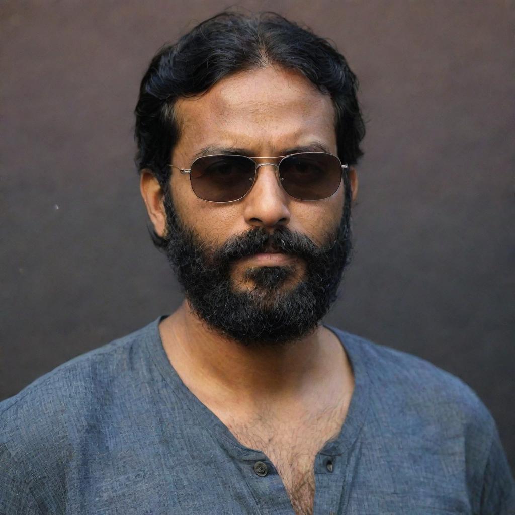 An Indian man with a slight scar on his forehead, slightly shortened hair and a full beard, wearing a loose shirt and sunglasses against a dark, enigmatic backdrop