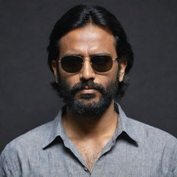 An Indian man with a slight scar on his forehead, slightly shortened hair and a full beard, wearing a loose shirt and sunglasses against a dark, enigmatic backdrop