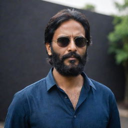 An Indian man with a slight scar on his forehead, slightly shortened hair and a full beard, wearing a loose shirt and sunglasses against a dark, enigmatic backdrop