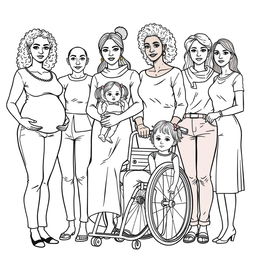 A detailed line drawing for a coloring book depicting a group of women and girls with realistic features, showcasing a range of body types and skin colors, all dressed in modern plain clothing and standing next to each other with serious expressions