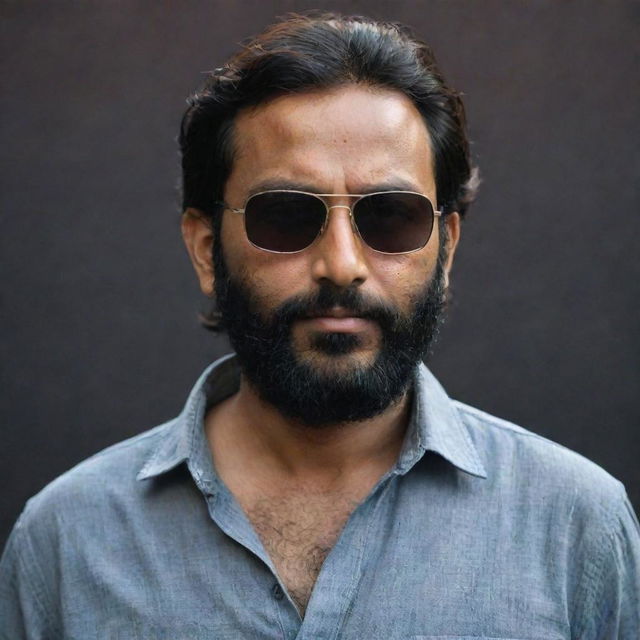 An Indian man with a slight scar on his forehead, slightly shortened hair and a full beard, wearing a loose shirt and sunglasses against a dark, enigmatic backdrop