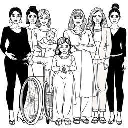 A detailed line drawing for a coloring book depicting a group of women and girls with realistic features, showcasing a range of body types and skin colors, all dressed in modern plain clothing and standing next to each other with serious expressions