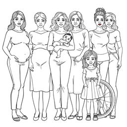 A detailed line drawing for a coloring book depicting a group of women and girls with realistic features, showcasing a range of body types and skin colors, all dressed in modern plain clothing and standing next to each other with serious expressions