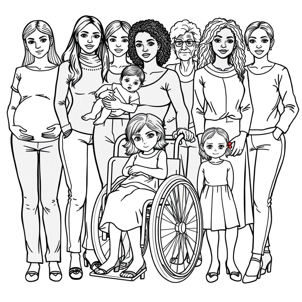 A detailed line drawing for a coloring book depicting a group of women and girls with realistic features, showcasing a range of body types and skin colors, all dressed in modern plain clothing and standing next to each other with serious expressions