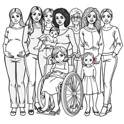 A detailed line drawing for a coloring book depicting a group of women and girls with realistic features, showcasing a range of body types and skin colors, all dressed in modern plain clothing and standing next to each other with serious expressions