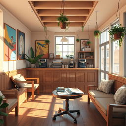 A cozy and inviting cafe interior designed for a game background, featuring stylish wooden furniture, scattered with books and magazines on a small round table