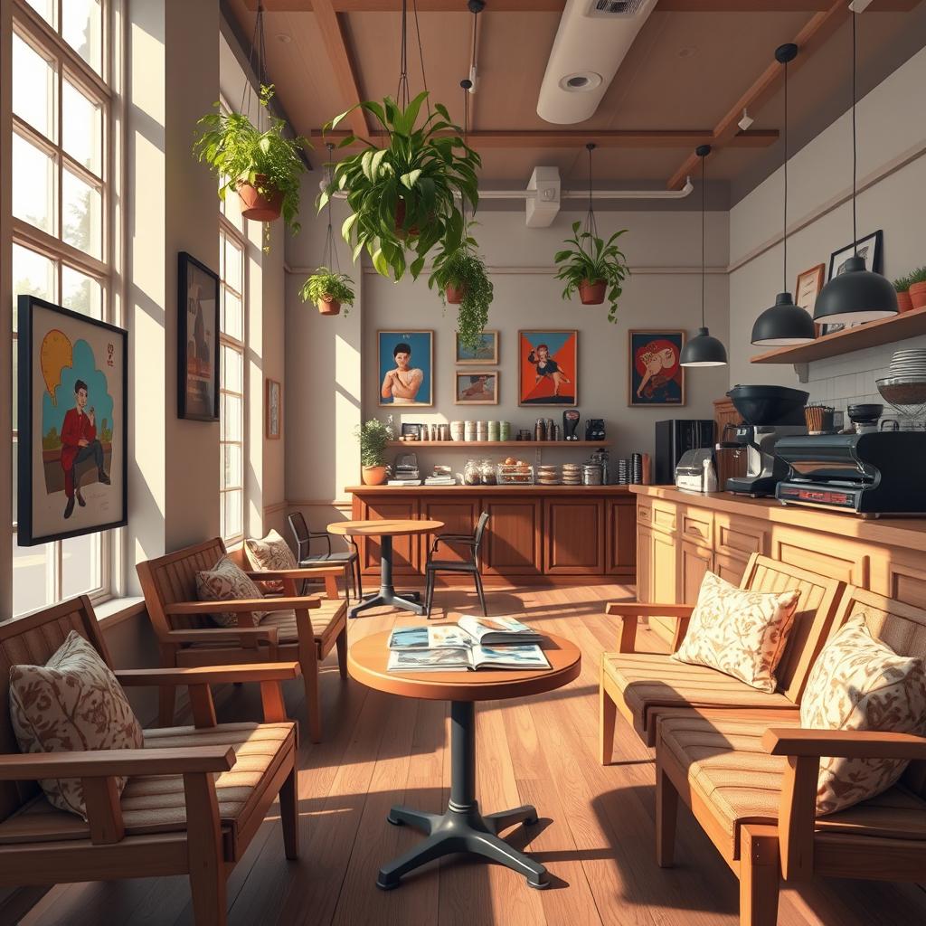 A cozy and inviting cafe interior designed for a game background, featuring stylish wooden furniture, scattered with books and magazines on a small round table