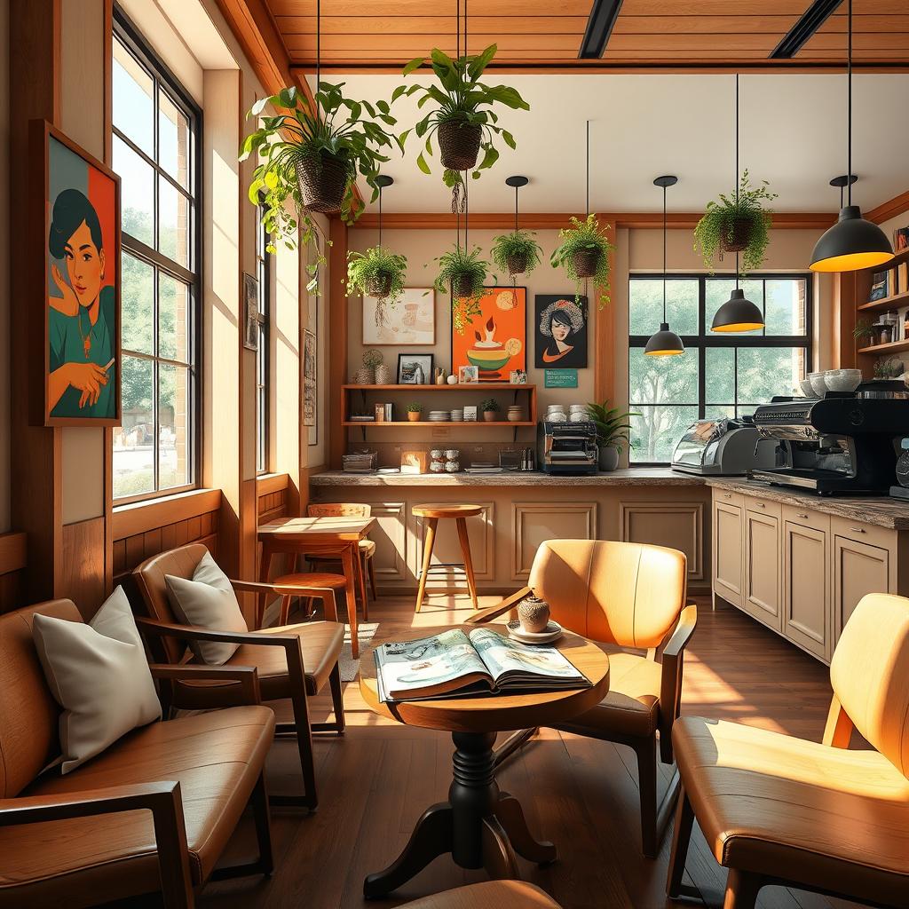 A cozy and inviting cafe interior designed for a game background, featuring stylish wooden furniture, scattered with books and magazines on a small round table