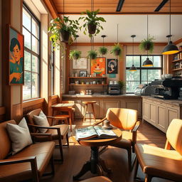 A cozy and inviting cafe interior designed for a game background, featuring stylish wooden furniture, scattered with books and magazines on a small round table