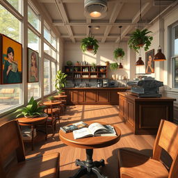 A cozy and inviting cafe interior designed for a game background, featuring stylish wooden furniture, scattered with books and magazines on a small round table