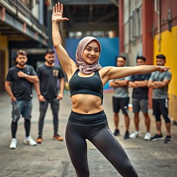 A woman in a hijab, confidently stretching in an athletic pose, showcasing her strength and grace