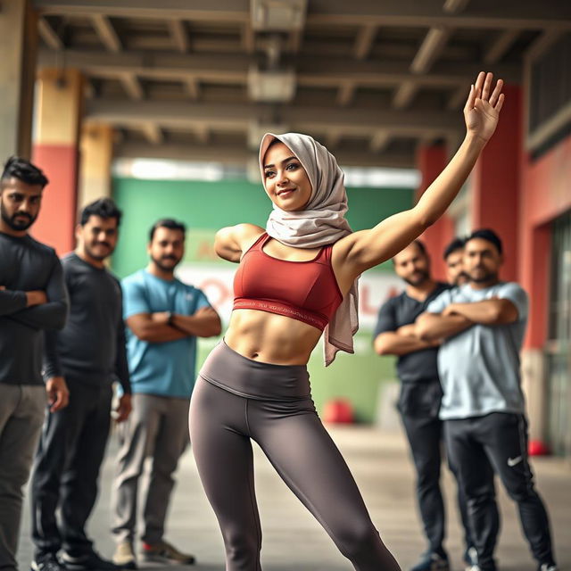 A woman in a hijab, confidently stretching in an athletic pose, showcasing her strength and grace