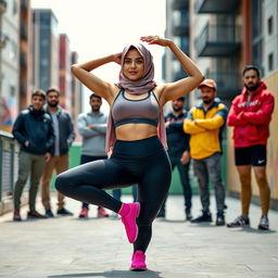 A woman in a hijab, confidently stretching in an athletic pose, showcasing her strength and grace