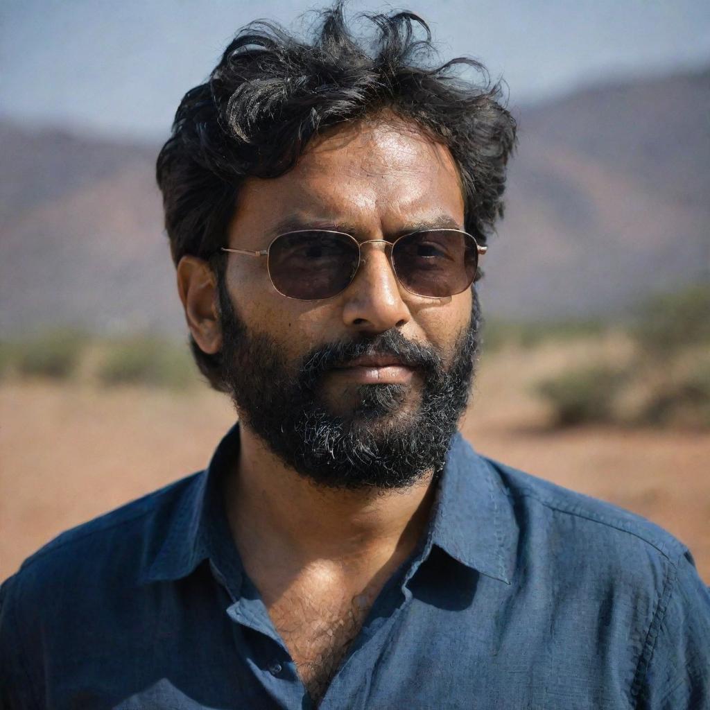 An Indian man with slightly short, messier hair and a full beard, with a scar on his forehead, wearing a loose shirt and sunglasses, set against a dark, fascinating backdrop