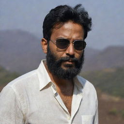 An Indian man with slightly short, messier hair and a full beard, with a scar on his forehead, wearing a loose shirt and sunglasses, set against a dark, fascinating backdrop