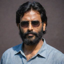 An Indian man with slightly short, messier hair and a full beard, with a scar on his forehead, wearing a loose shirt and sunglasses, set against a dark, fascinating backdrop