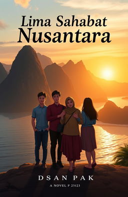 A novel cover design for 'Lima Sahabat Nusantara' featuring three males and two females standing together, showcasing a warm atmosphere of friendship