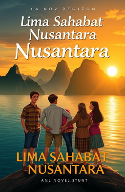 A novel cover design for 'Lima Sahabat Nusantara' featuring three males and two females standing together, showcasing a warm atmosphere of friendship