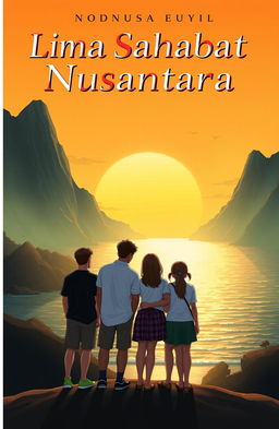 A novel cover design for 'Lima Sahabat Nusantara' featuring three males and two females standing together, showcasing a warm atmosphere of friendship