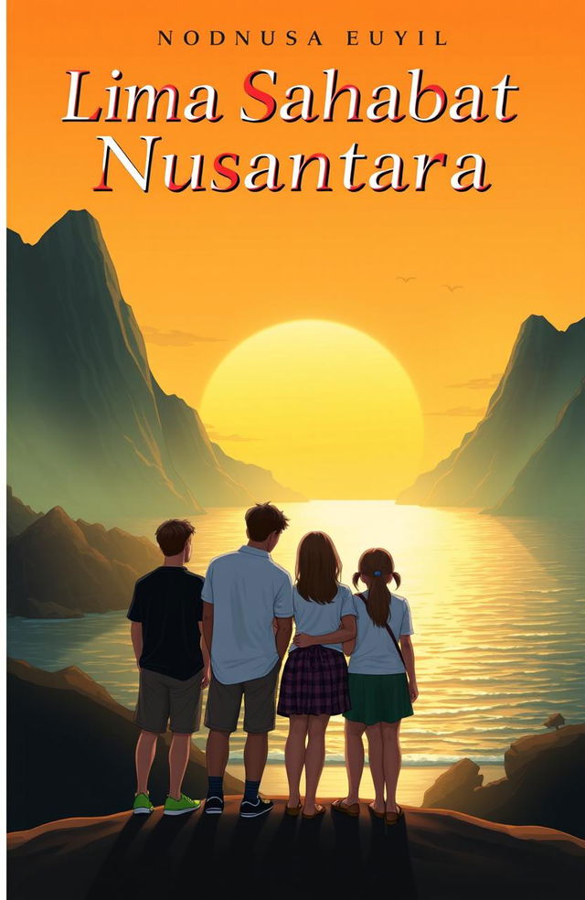 A novel cover design for 'Lima Sahabat Nusantara' featuring three males and two females standing together, showcasing a warm atmosphere of friendship