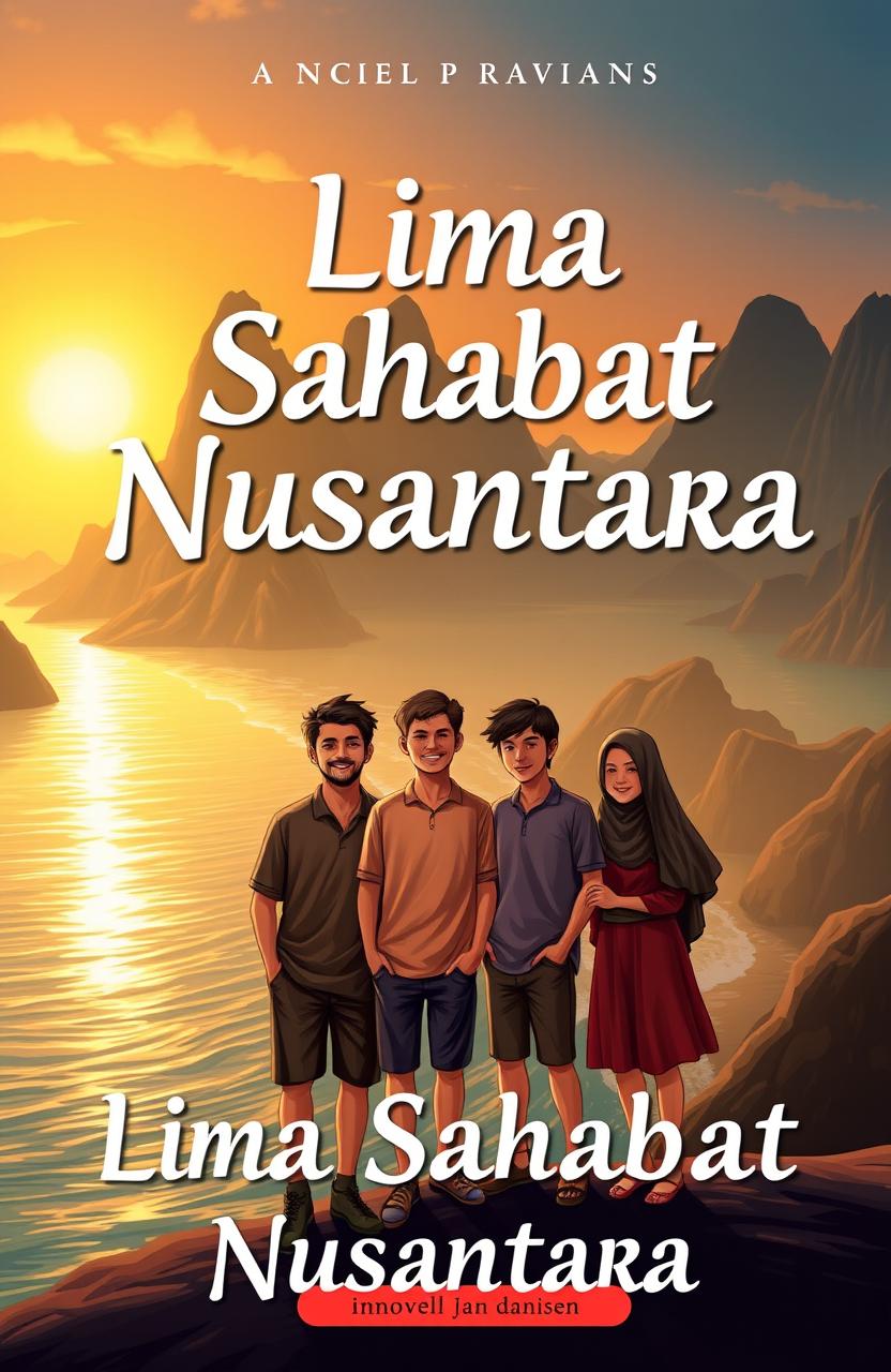 A novel cover design for 'Lima Sahabat Nusantara' featuring three males and two females standing together, showcasing a warm atmosphere of friendship