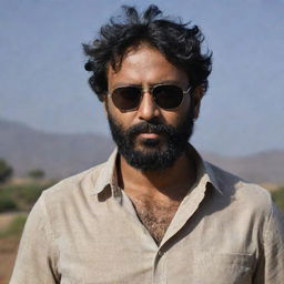 An Indian man with slightly short, messier hair and a full beard, with a scar on his forehead, wearing a loose shirt and sunglasses, set against a dark, fascinating backdrop