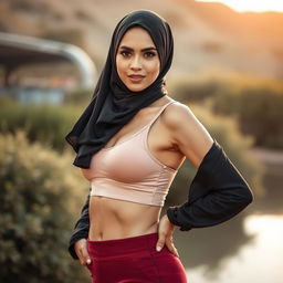 A woman in a stylish hijab, confidently posing in a beautiful setting, wearing a fashionable sports bra and comfortable panties