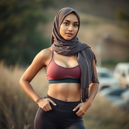 A woman in a stylish hijab, confidently posing in a beautiful setting, wearing a fashionable sports bra and comfortable panties