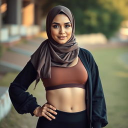 A woman in a stylish hijab, confidently posing in a beautiful setting, wearing a fashionable sports bra and comfortable panties