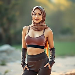 A woman in a stylish hijab, confidently posing in a beautiful setting, wearing a fashionable sports bra and comfortable panties